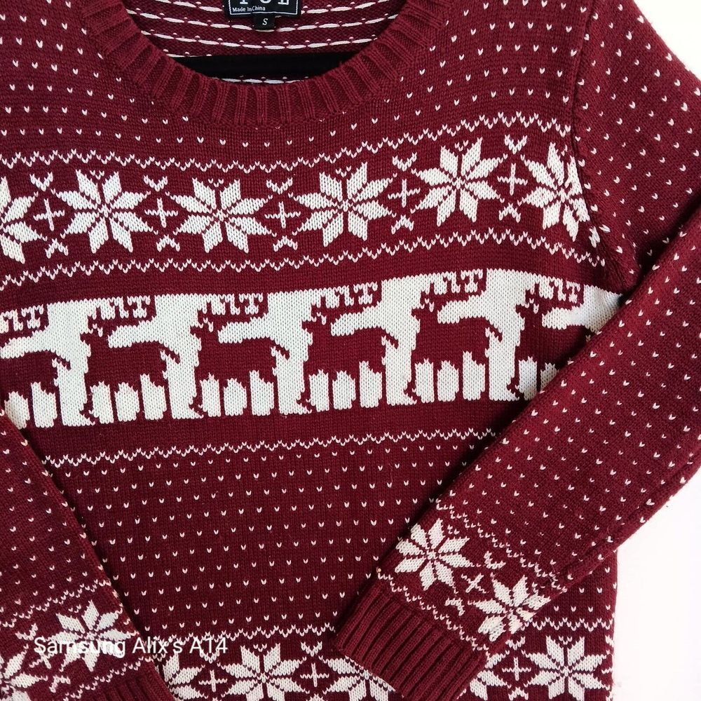 POL Women's Fair Isle Christmas Sweater Holiday Burgundy Maroon White - Small - Picture 3 of 8